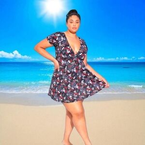 TORRID RETRO CHIC  Wireless Puff Sleeve Skull, Red Rose, Print Swim Dress 1X